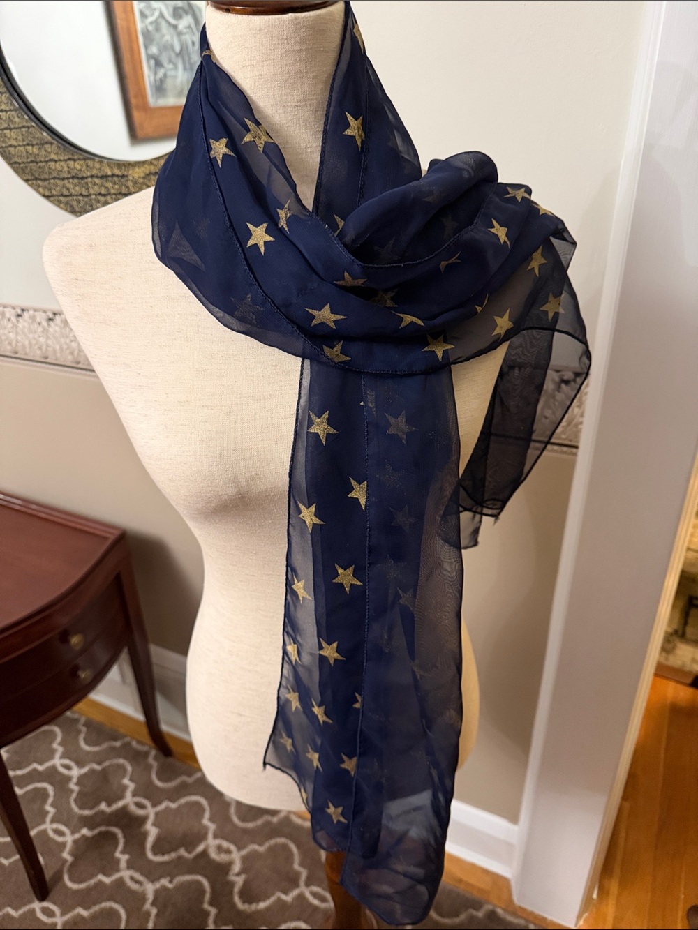 Navy Sheer Scarf with Metallic Gold Stars - Elegant Home Accent